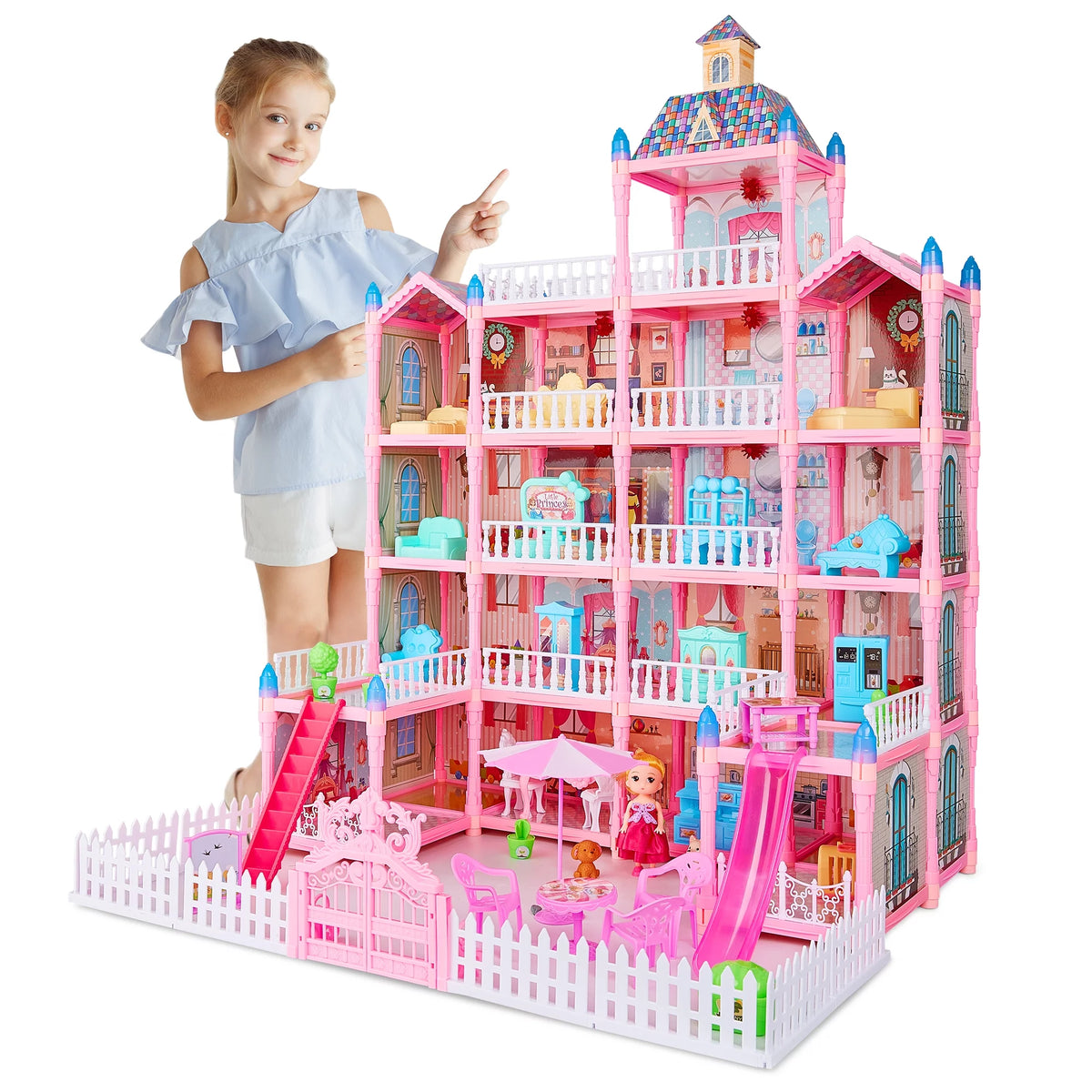 5-Story 19 Rooms Dollhouse with 1 Doll Toy Figure O406027