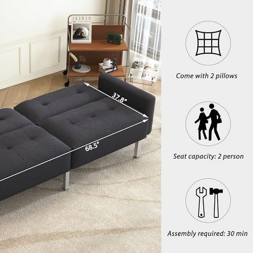 Black Linen Fabric Convertible Futon Sofa Bed with Metal Legs L3073