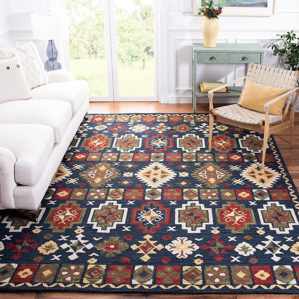 6' Square Navy Red Handmade Traditional Wool Area Rug O4686