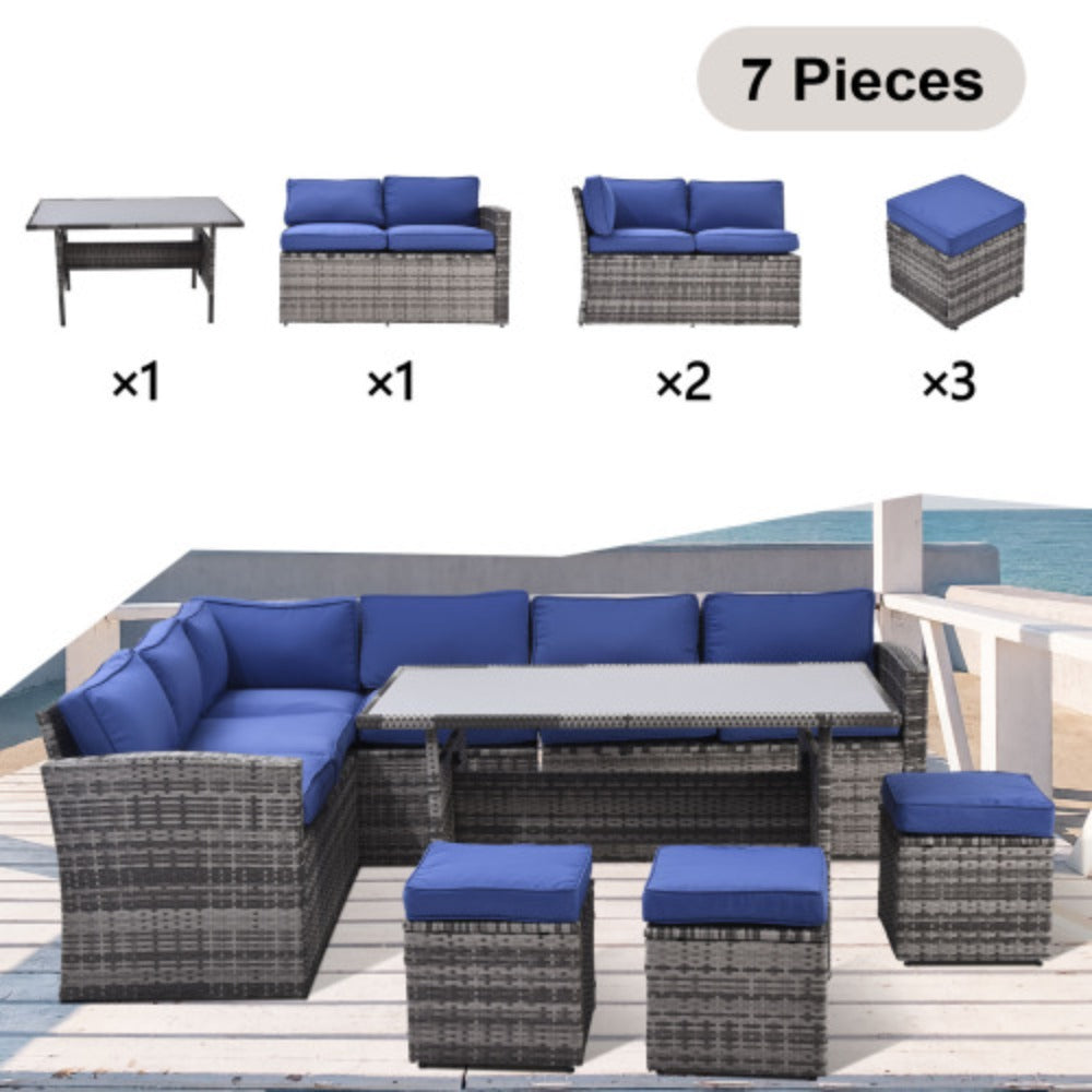 7 Piece Outdoor Patio Furniture Set with Dining Table, Chairs and Ottomans D609