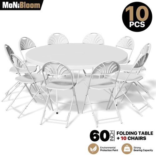 11 Pieces 5 Ft White Bi-Fold Plastic Folding Table Set with 10 Folding Chairs O30287