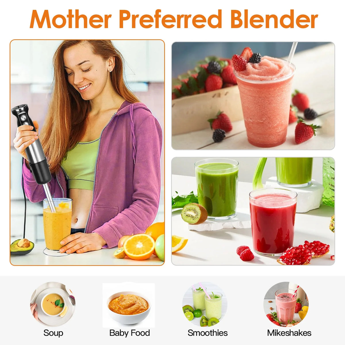 1000W 5 in 1 Stainless Steel Hand Blender with 12 Speeds W782