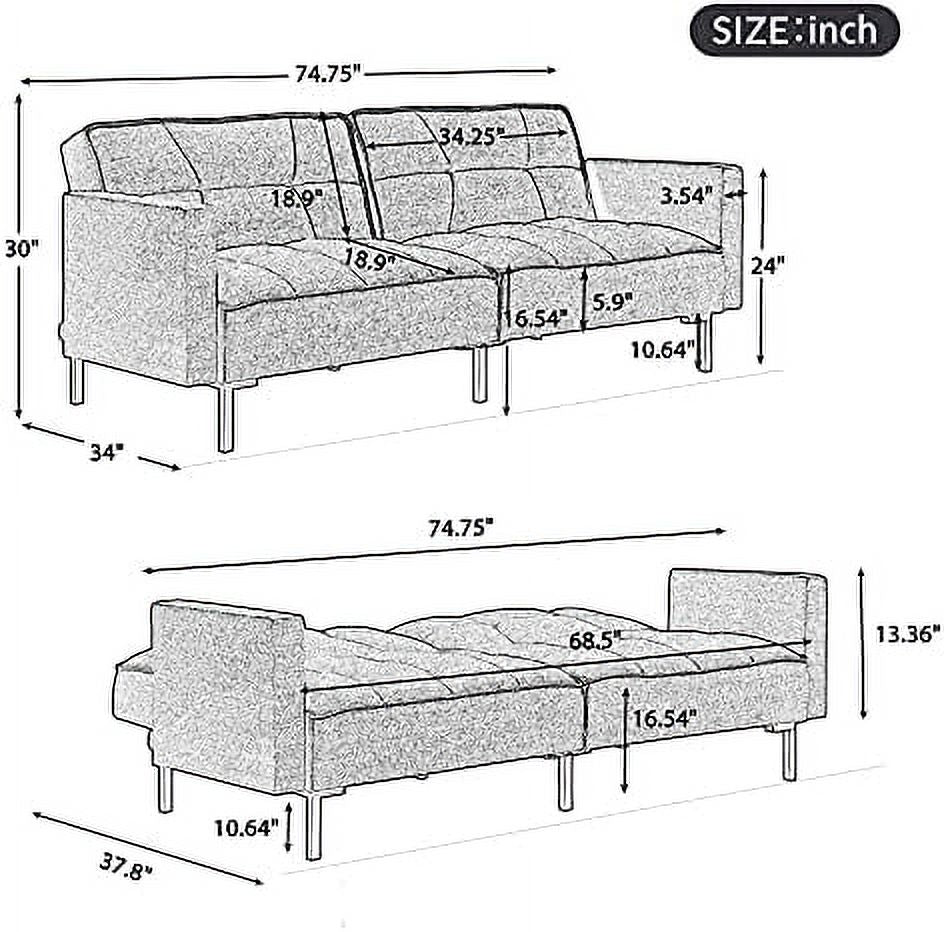 Black Linen Fabric Convertible Futon Sofa Bed with Metal Legs L3073
