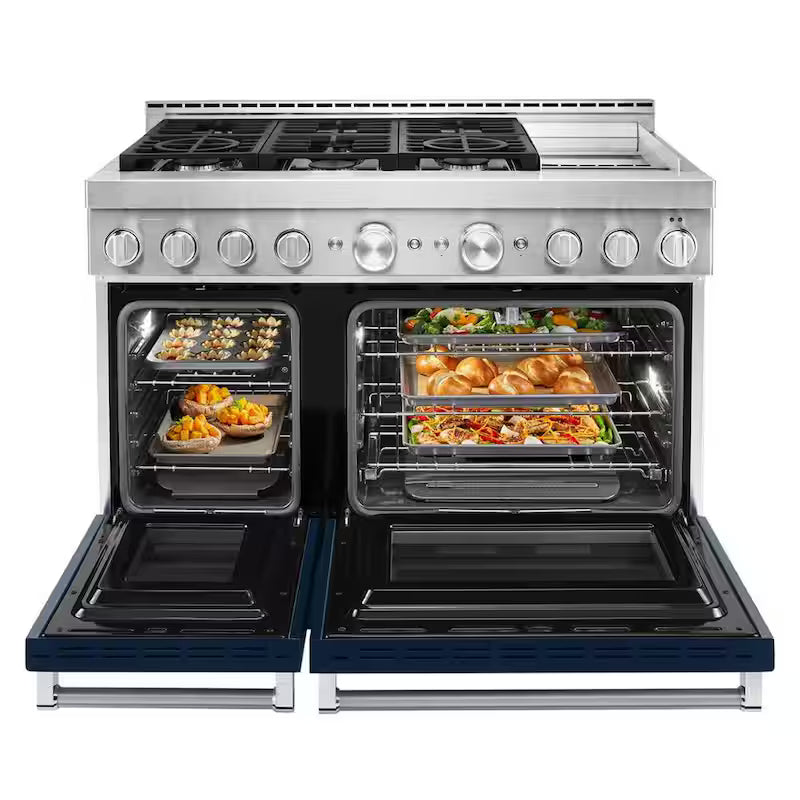 48 in. 6.3 cu. ft. Smart Double Oven Gas Range with Griddle and True Convection in Ink Blue A430