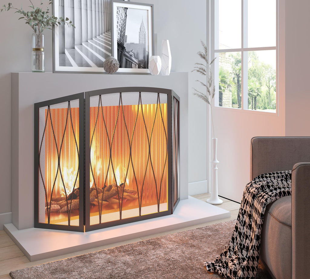 Childproof 3-Panel Wrought Iron Fireplace Screen R713