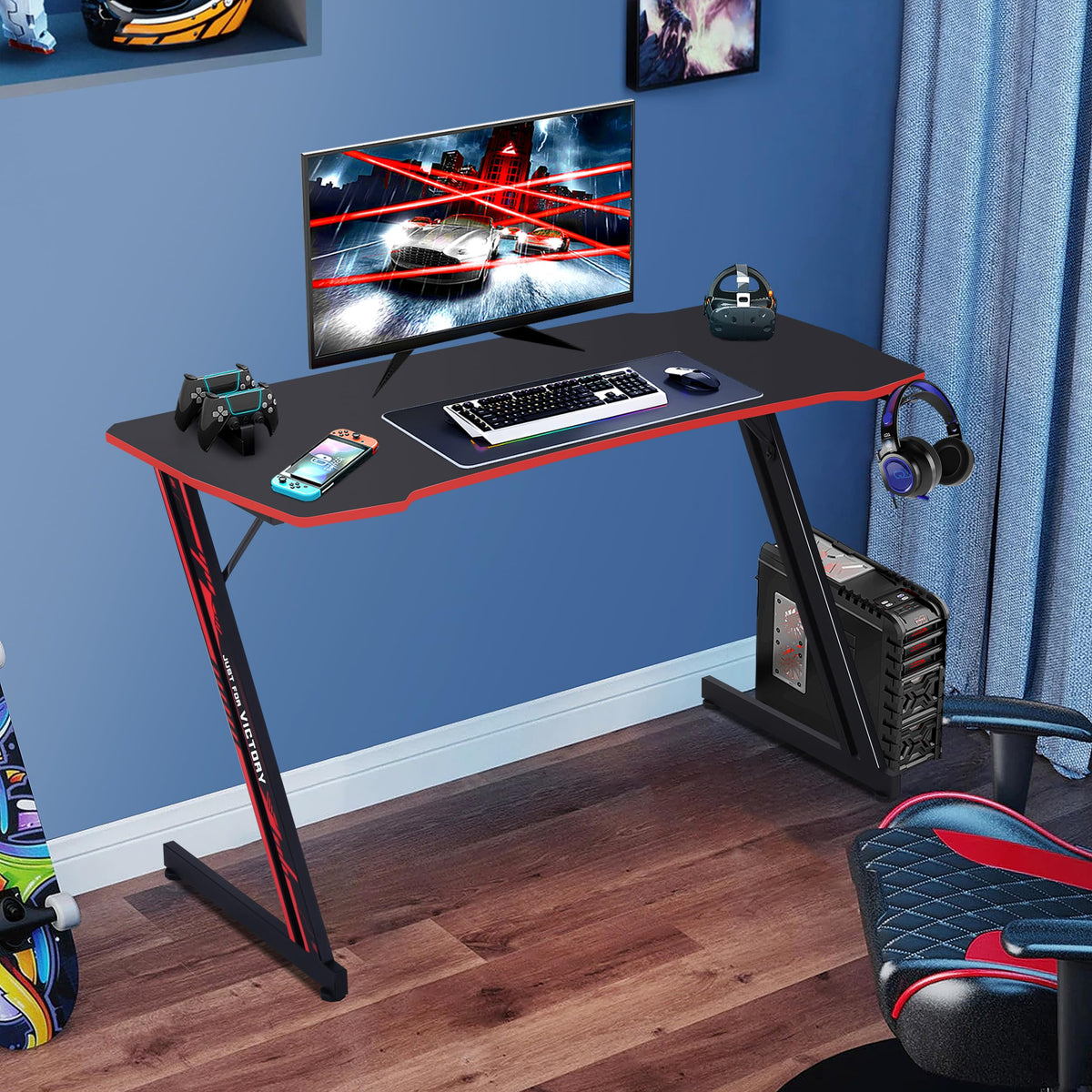 47 Inch Z Shaped Gaming Desk with Headphone Hook L335026