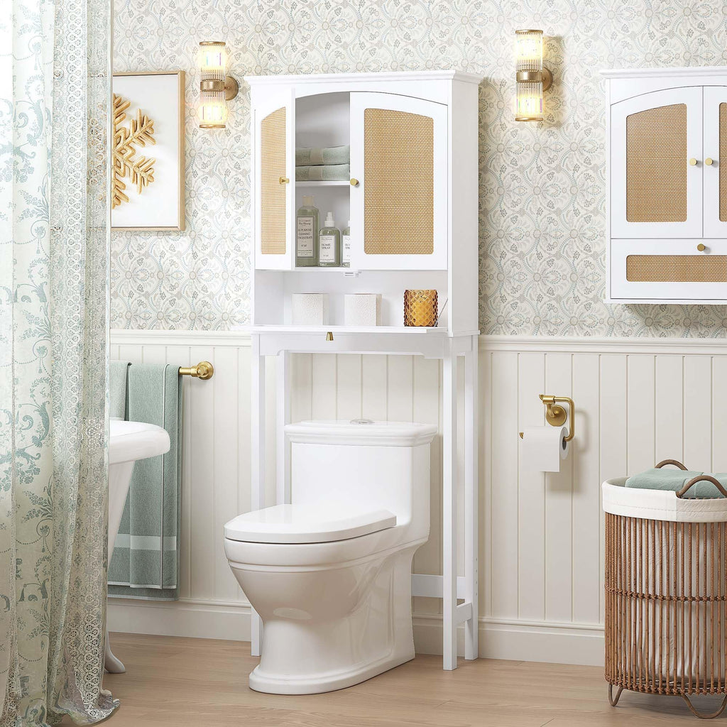 Over the Toilet Storage Cabinet with Arched Rattan Doors, White A708
