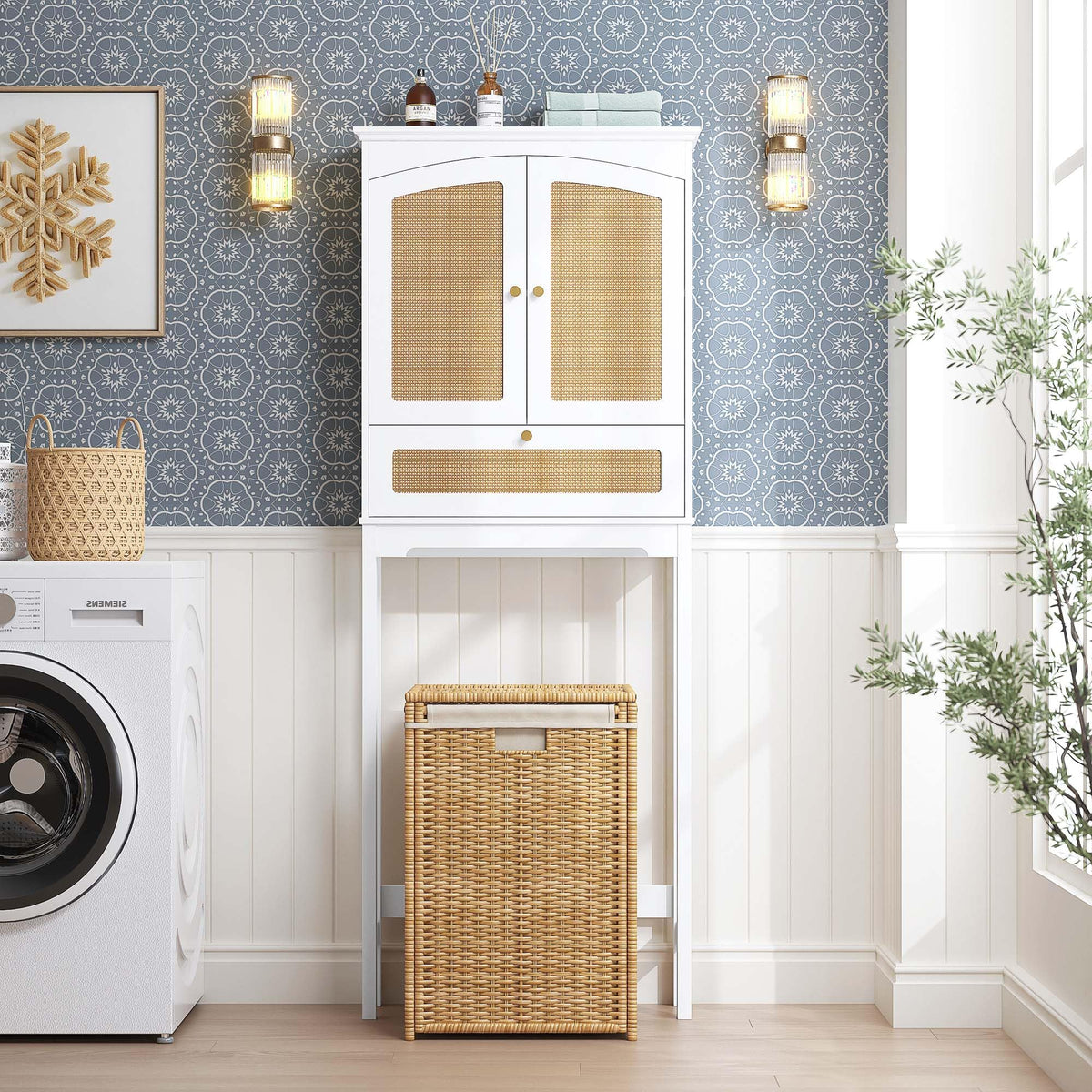 Over the Toilet Storage Cabinet with Arched Rattan Doors, White A708
