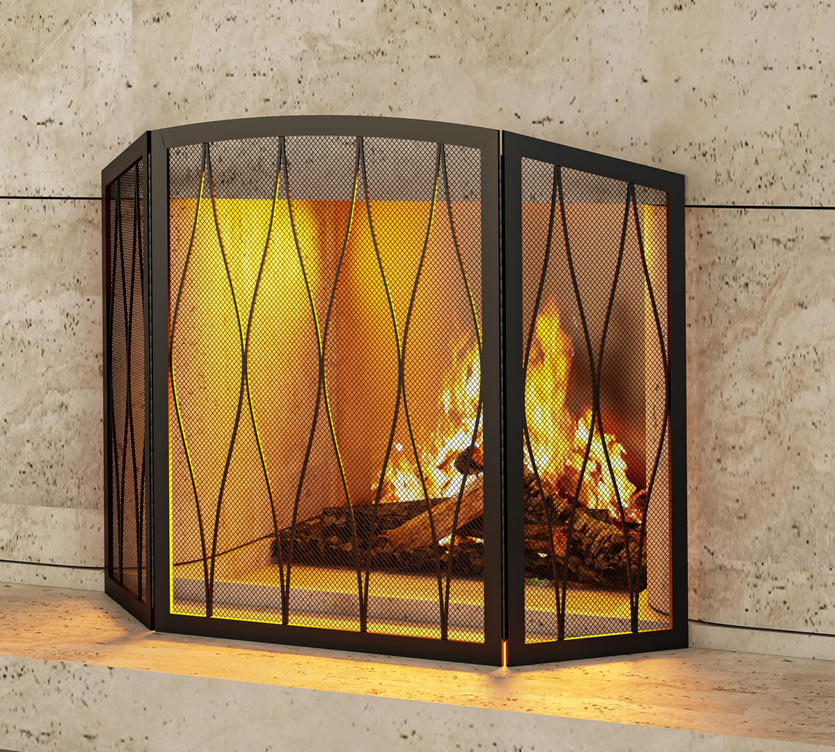 Childproof 3-Panel Wrought Iron Fireplace Screen R713