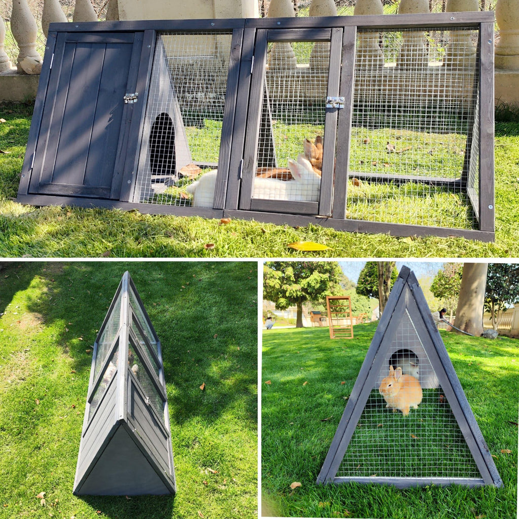 Wooden A-Frame Rabbit Hutch with Chicken Run Y58397