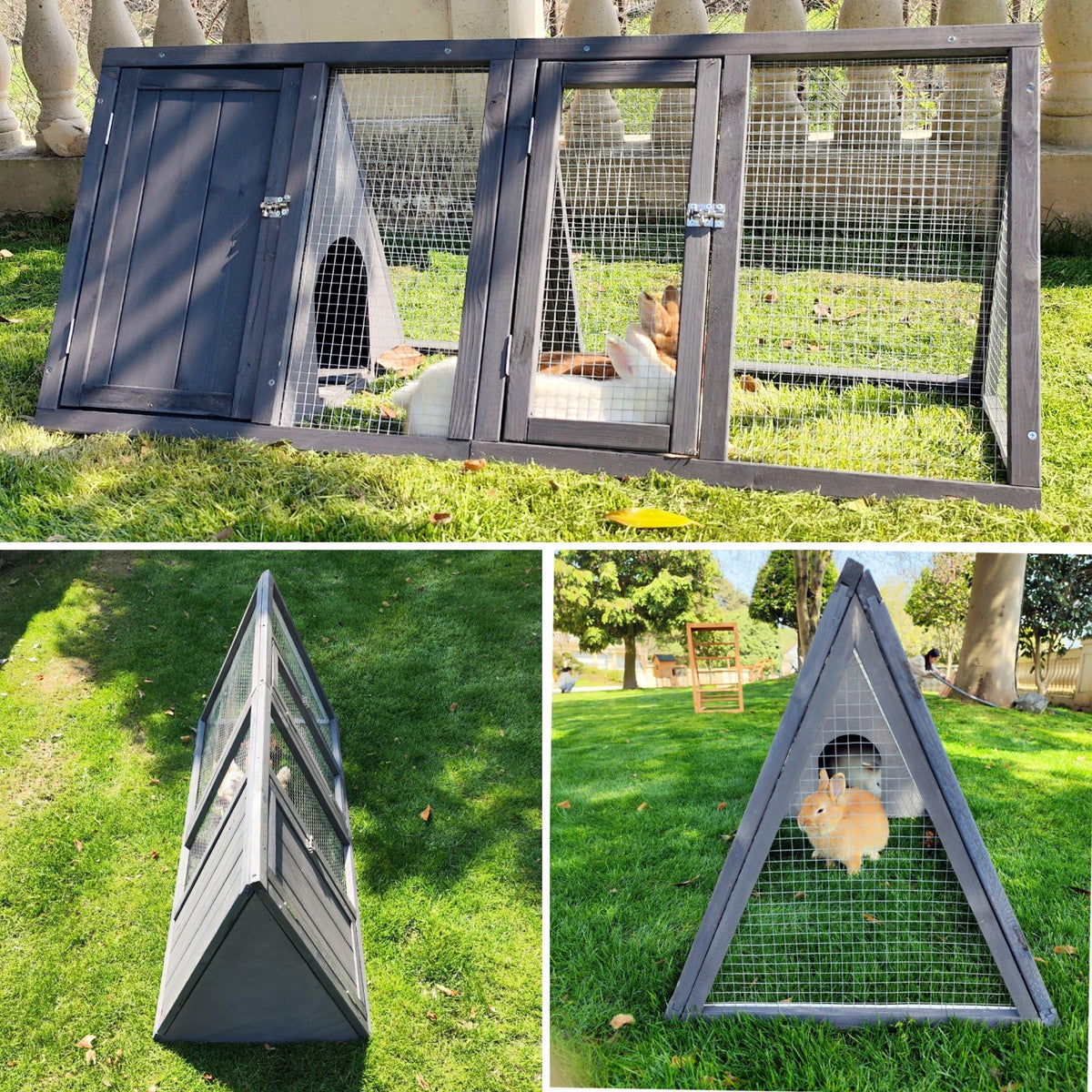 Wooden A-Frame Rabbit Hutch with Chicken Run Y58397