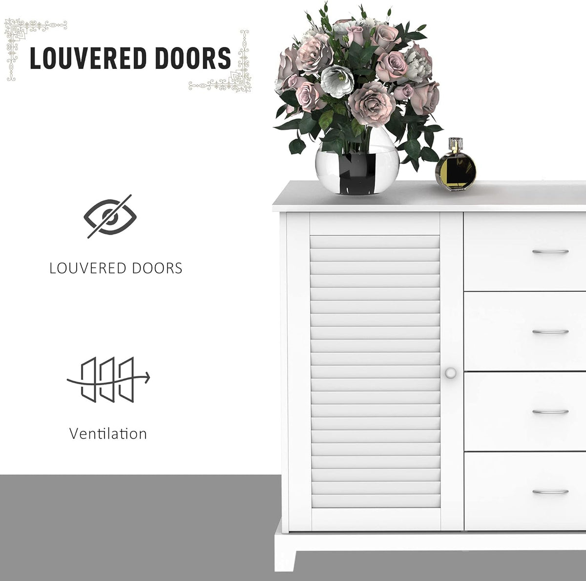 White Storage Cabinet with Drawers and Louvered Doors C7700