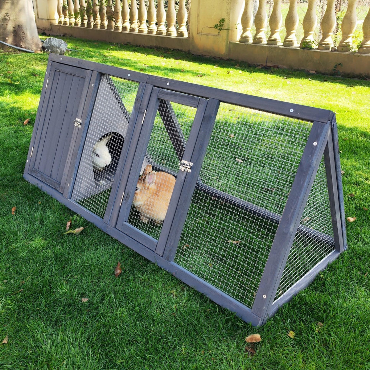 Wooden A-Frame Rabbit Hutch with Chicken Run Y58397