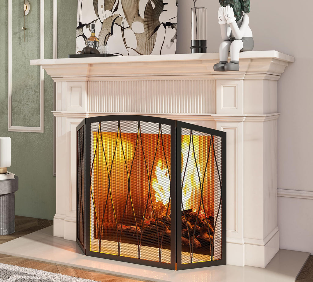 Childproof 3-Panel Wrought Iron Fireplace Screen R713