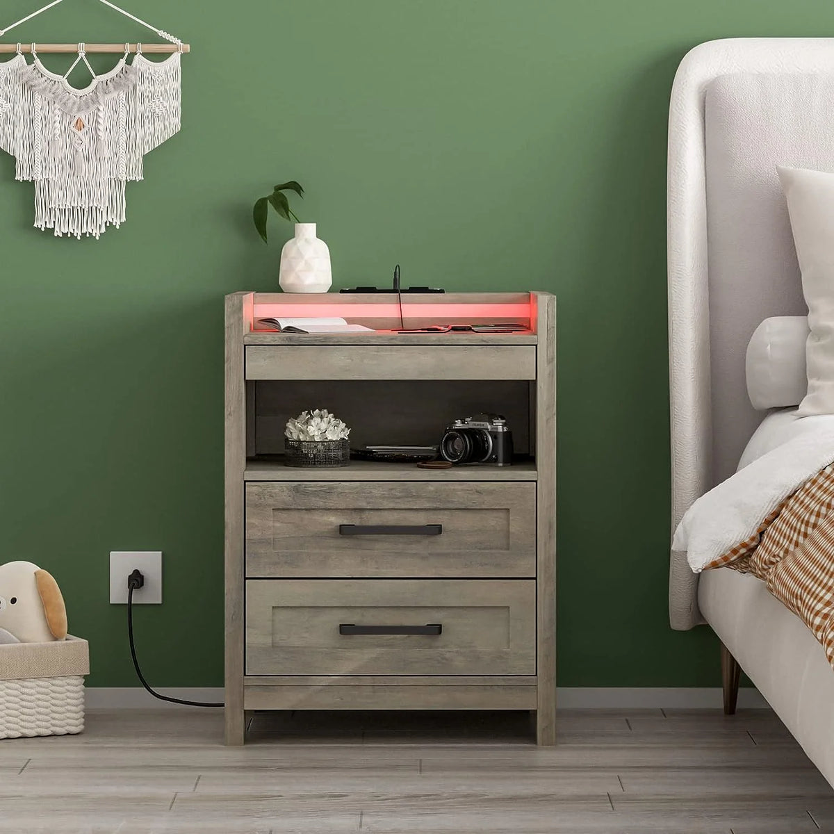 Grey Wood Nightstand with 2 Drawers and Pull-Out Shelf Q80514