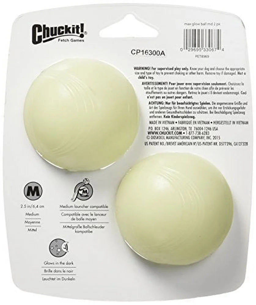 Chuckit Max Glow Ball Dog Toy, Medium 2.5 Inch, Pack of 2 A12648