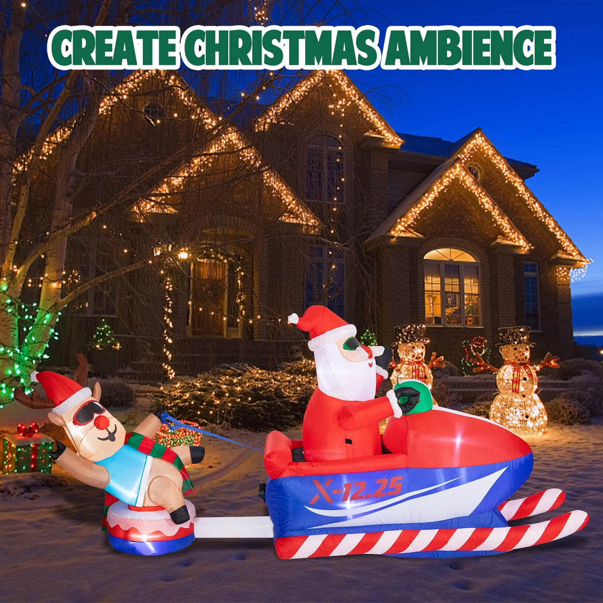 Snowmobile Santa Claus and Reindeer Sleigh LED Christmas Inflatables Outdoor Decorations P175