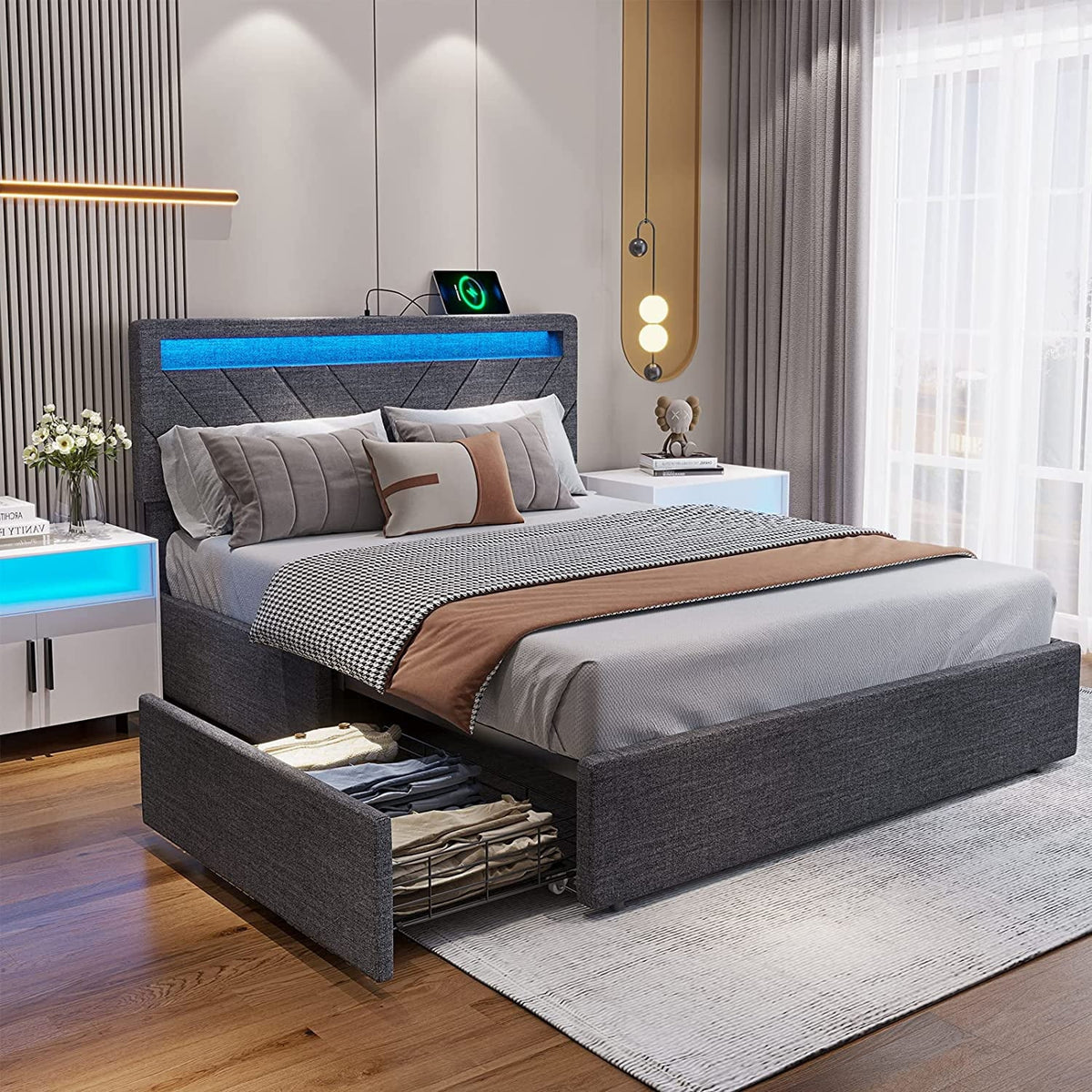 Queen Bed Frame with LED Lights Headboard, 4 Drawers, 2 USB Charging Station, Upholstered Platform Bed, Dark Gray N4034
