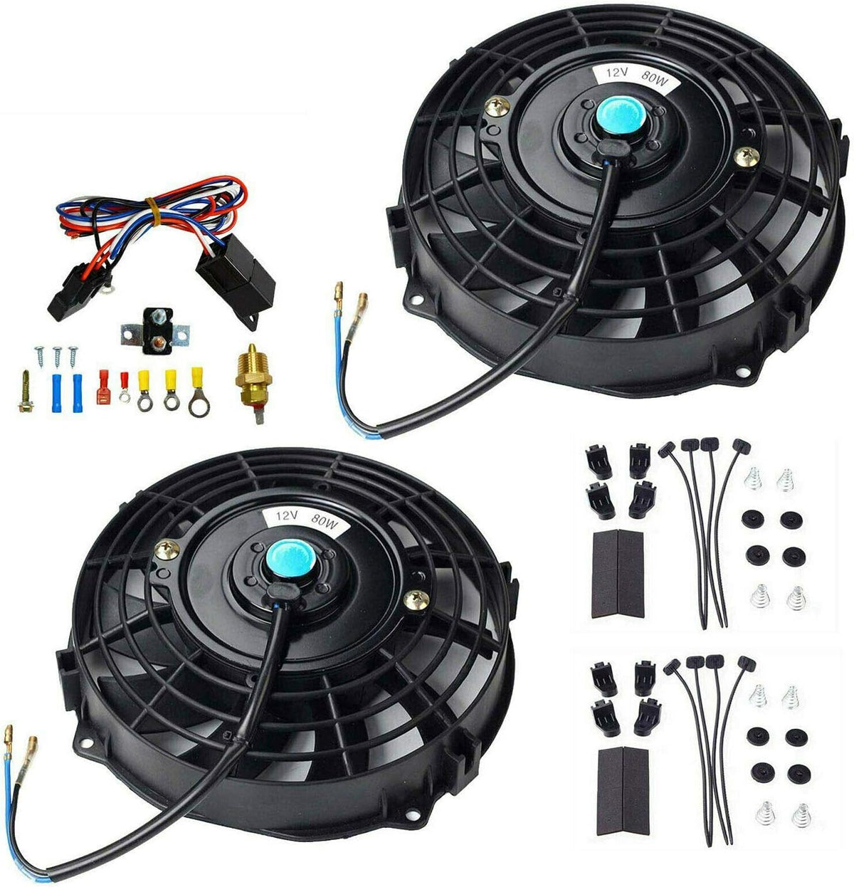 7" 12V Electric Radiator Cooling Fan with 3/8" Probe Thermostat Switch Kit Black (pack of 2) N522