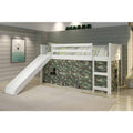 White Twin Circles Low Loft Bed with Slide and Camo Tent Kit D681