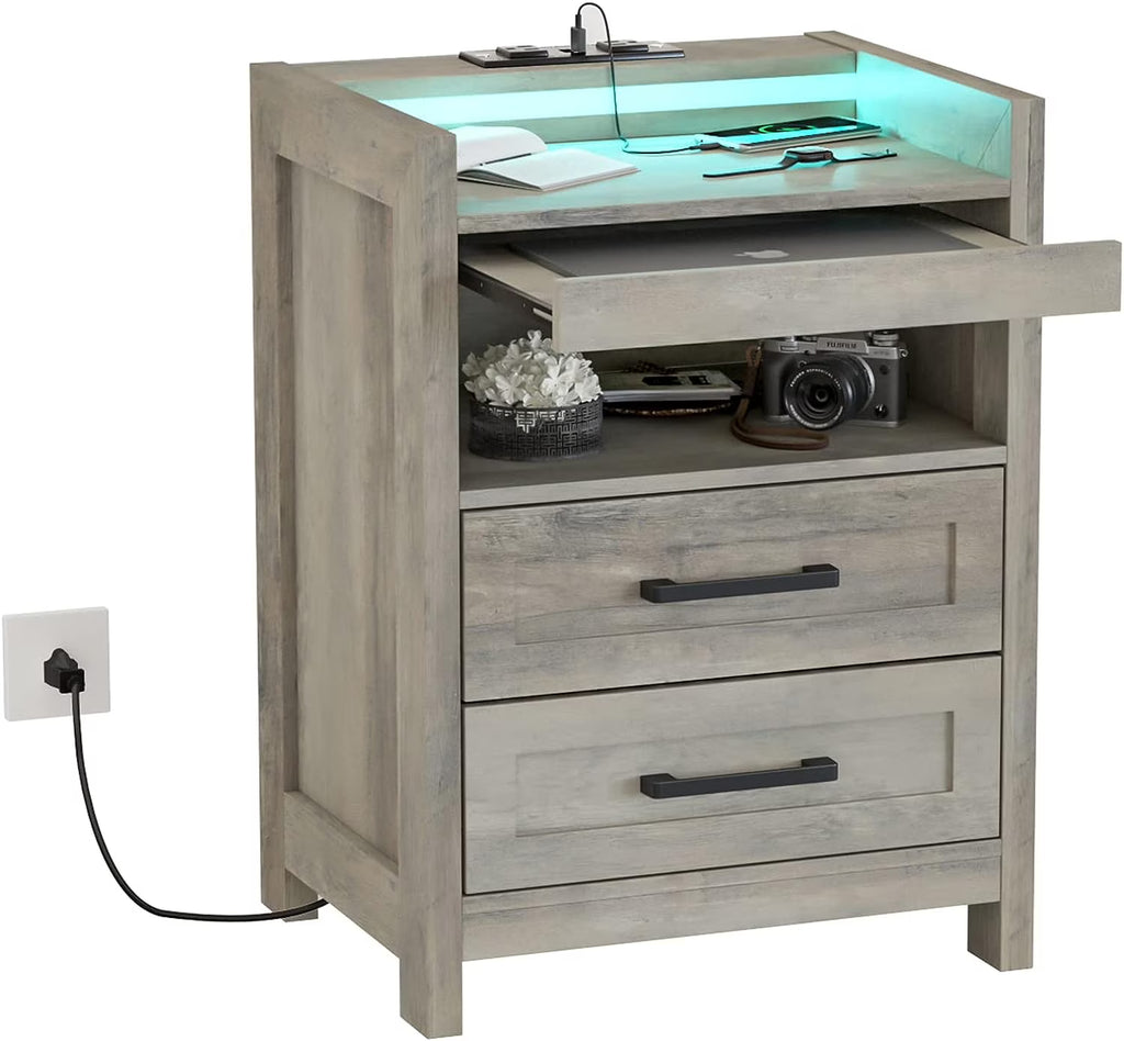 Grey Wood Nightstand with 2 Drawers and Pull-Out Shelf Q80514