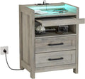 Grey Wood Nightstand with 2 Drawers and Pull-Out Shelf Q80514
