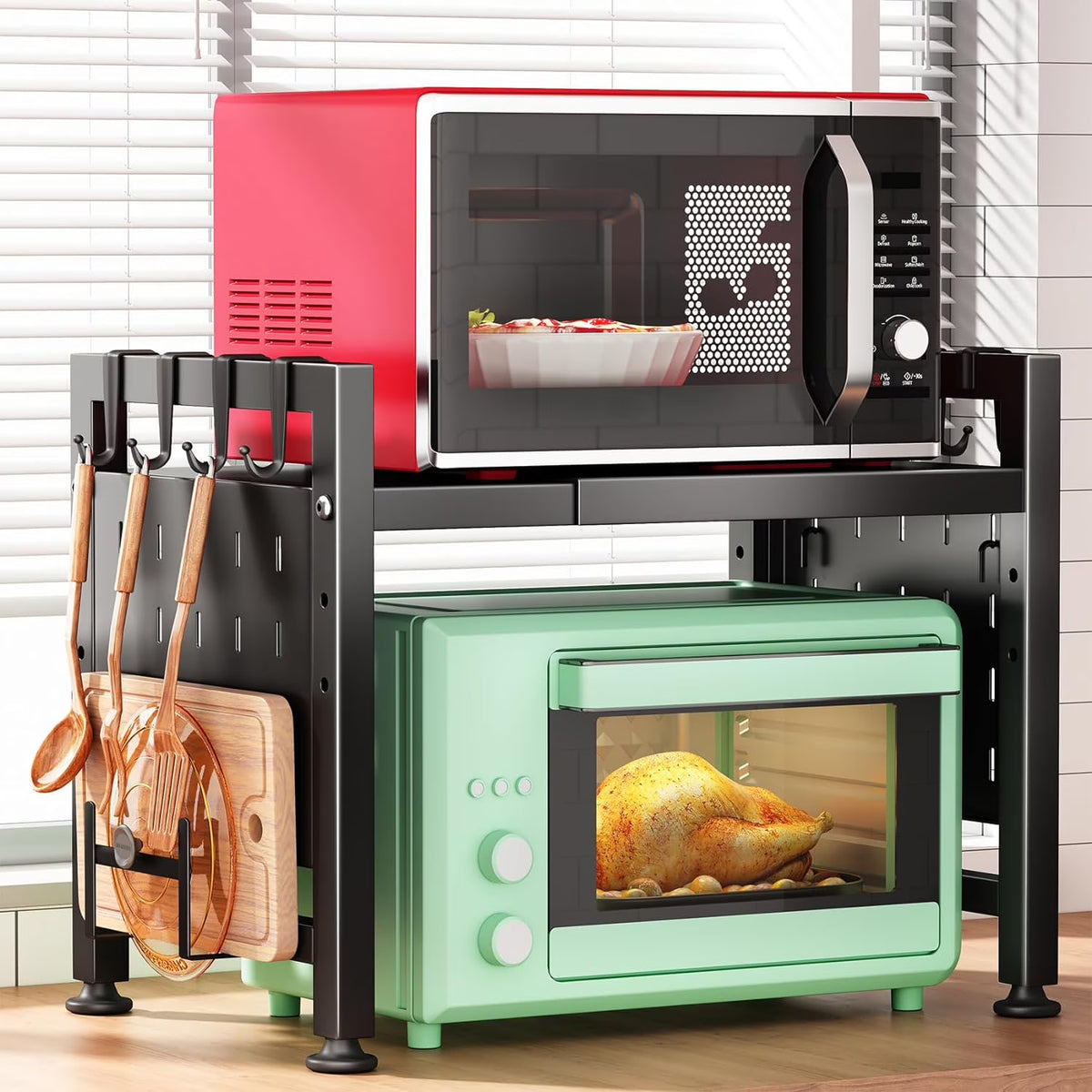 2-Tier Microwave Oven Rack with Cutting Boards Stand J51212