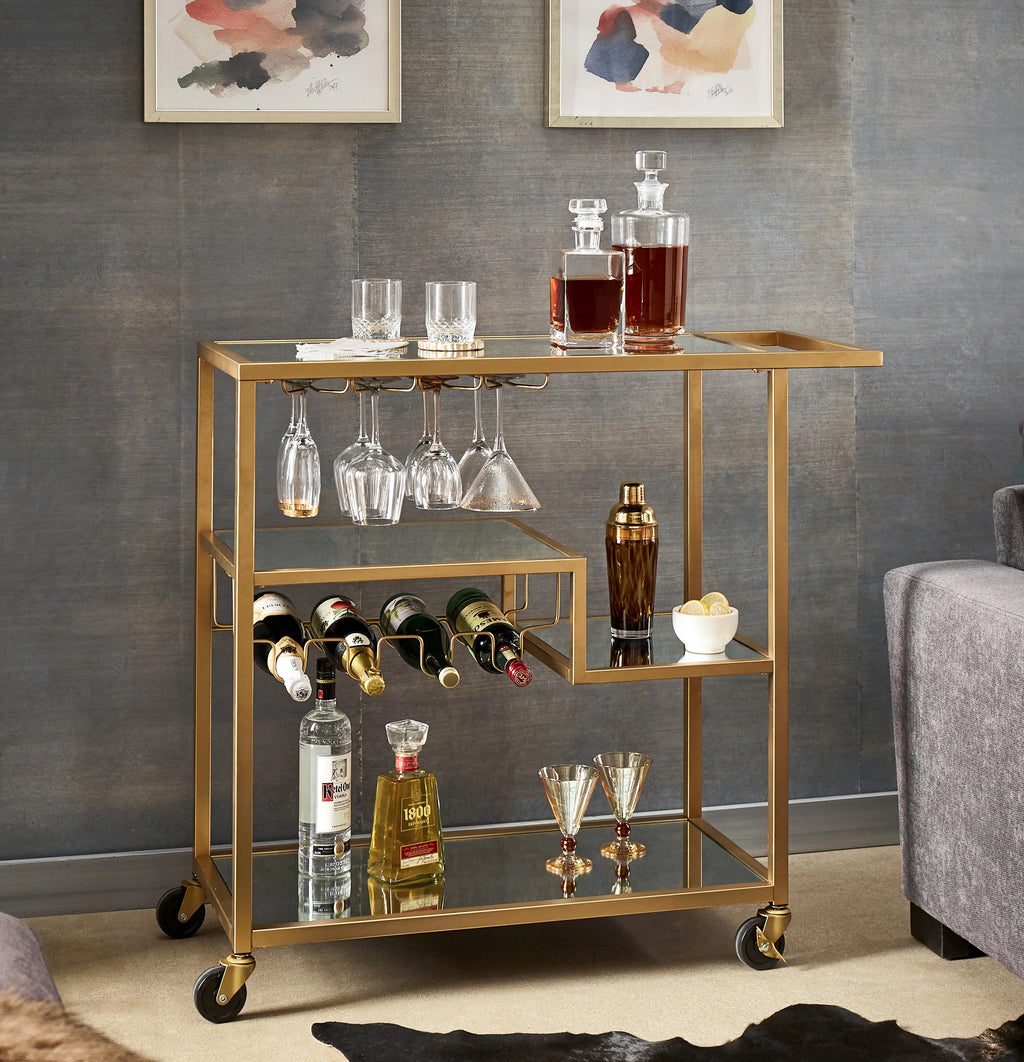 Champagne Gold Mirror Glass Metal Bar Cart N610