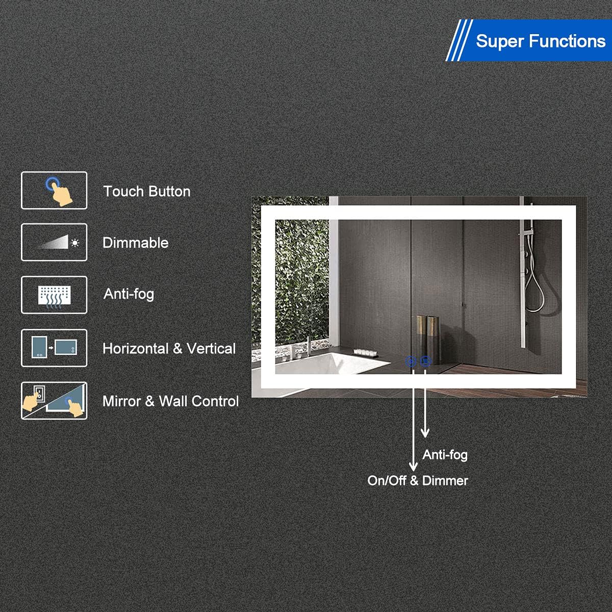 60 x 36 Inch Illuminated LED Bathroom Mirror with Smart Button, Anti Fog, Dimmable, Bluetooth Speakers W399099