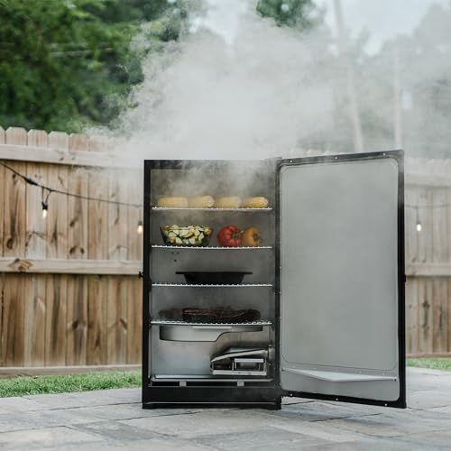 30-inch Digital Electric Vertical BBQ Smoker with Leg Kit and Side Wood Chip Loader in Black I372