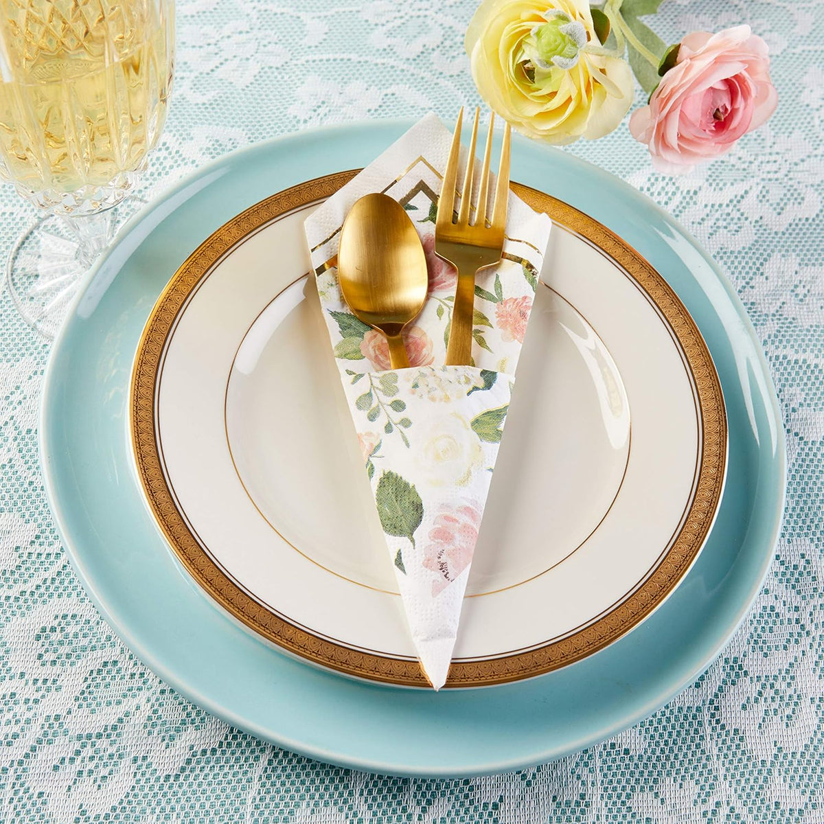 Pink Floral Paper Plates (Set of 16) and Paper Cocktail Napkins (Set of 30) S216380