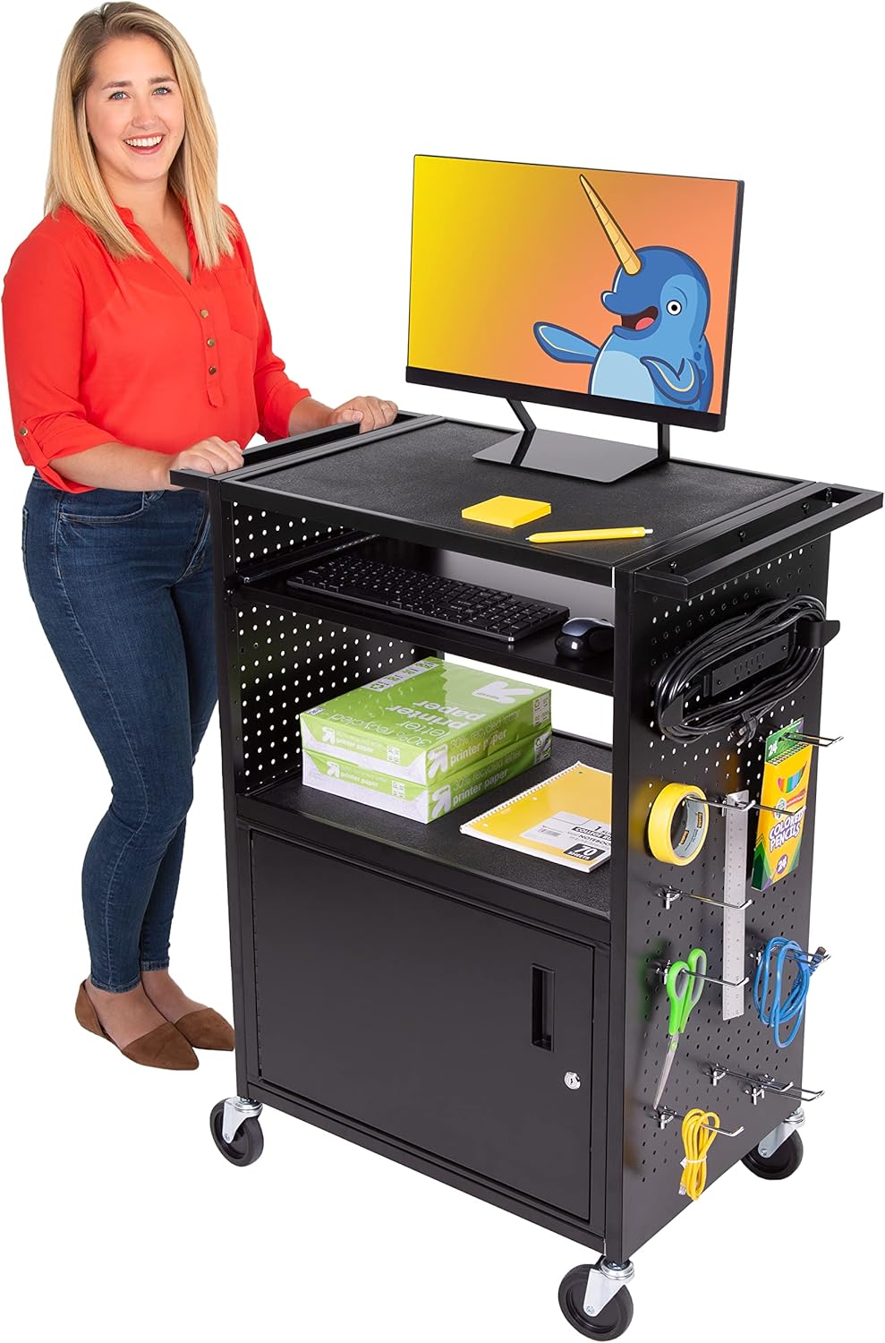 AV Cart with Pegboard Siding, 12 Hooks, Locking Cabinet, Pullout Keyboard Tray, Locking Wheels E650