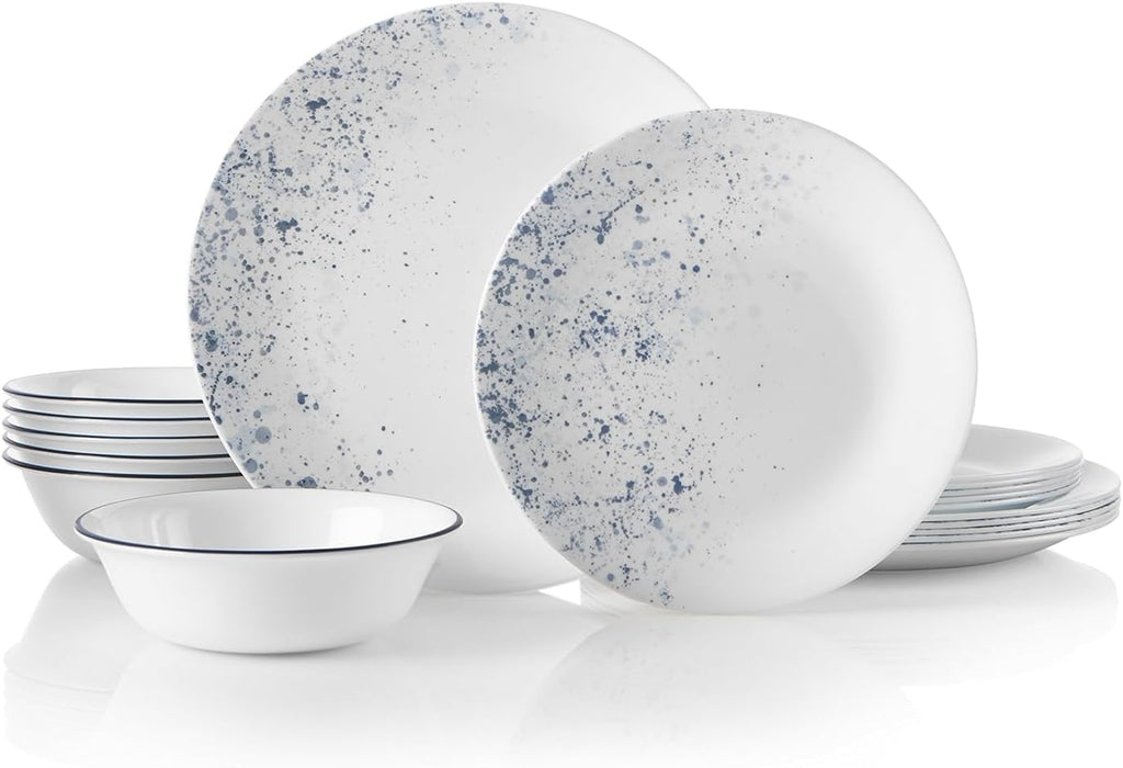 18-Piece Dinnerware Set, Indigo Speckle, 4-Pc Versa Bowls, 30-Oz Compact Stack Bowl Set, White I427042