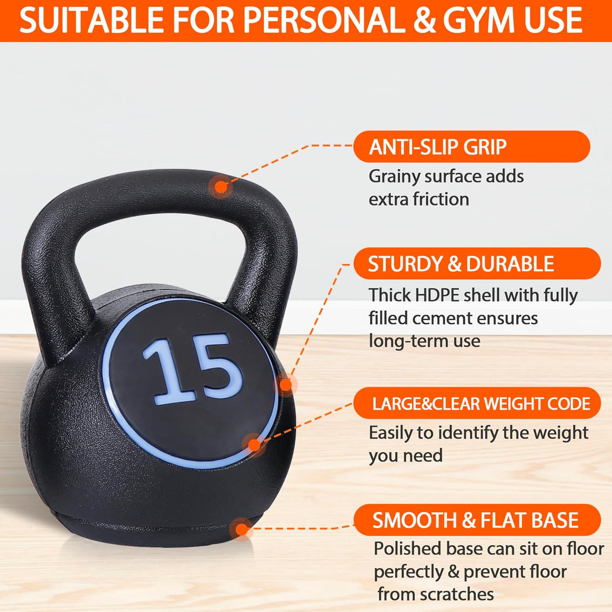 4 Piece HDPE Coated Concrete Kettlebell Set 5lb 10lb 15lb 20lb K1423