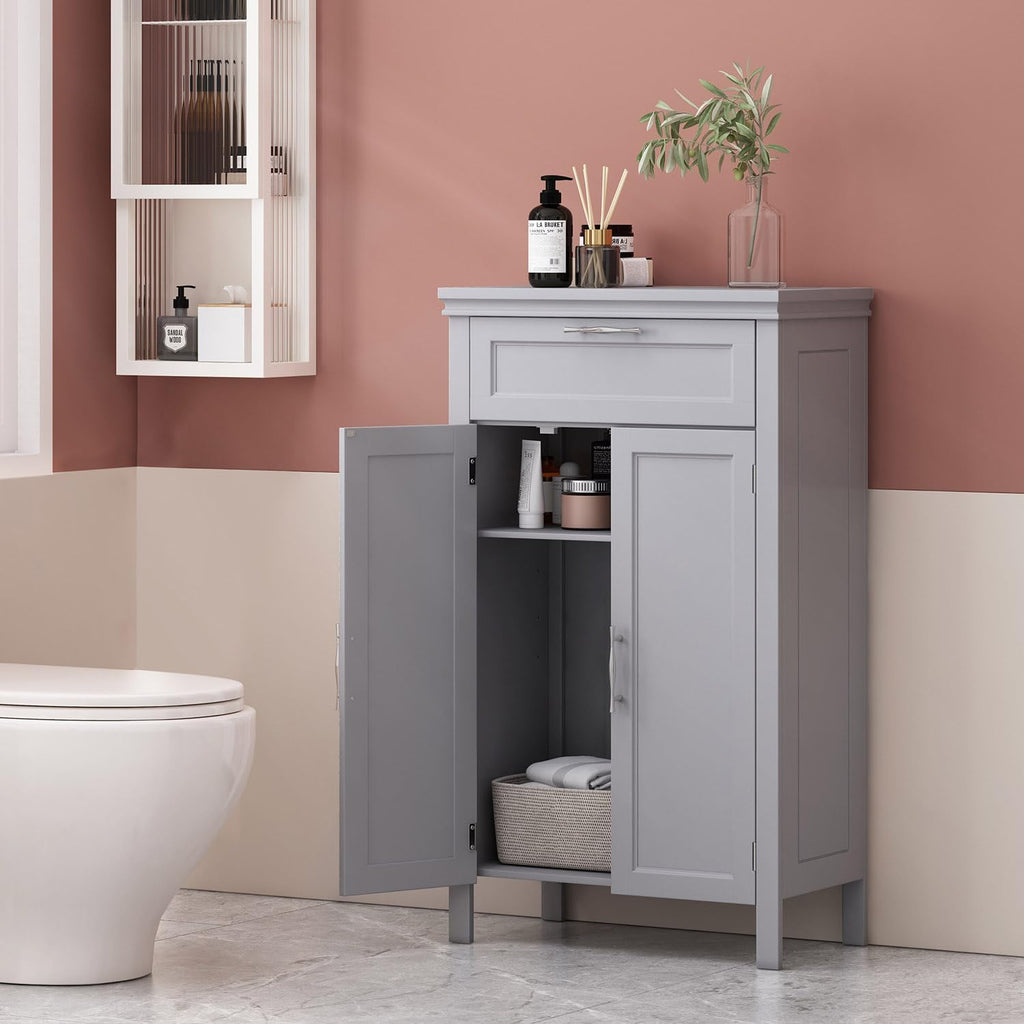 Wooden Bathroom Floor Cabinet with Drawer, Adjustable Shelf, 2-Door Cupboard N7752