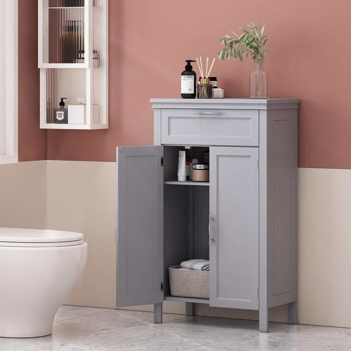 Wooden Bathroom Floor Cabinet with Drawer, Adjustable Shelf, 2-Door Cupboard N7752