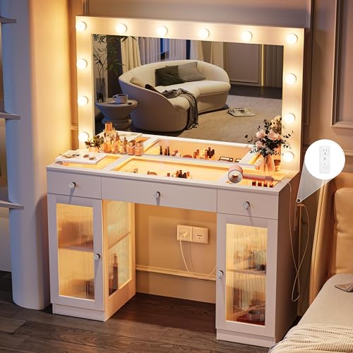 White Glass Top Vanity Desk with Large Mirror and Lights V630267