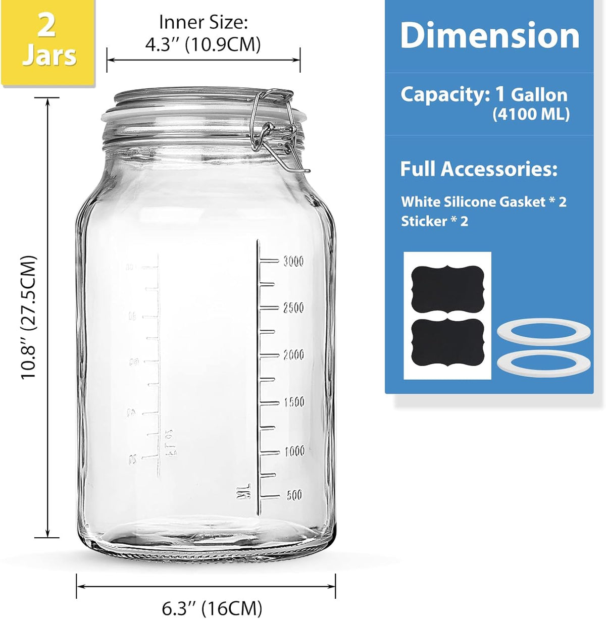 2 Pack 1 Gallon Glass Storage Jars with Airtight Lids P5926
