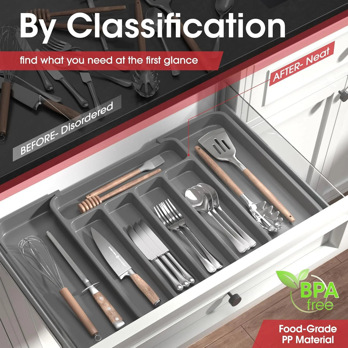 Black Expandable Kitchen Drawer Organizer S32526