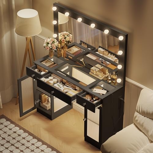 White Glass Top Vanity Desk with Large Mirror and Lights V630267