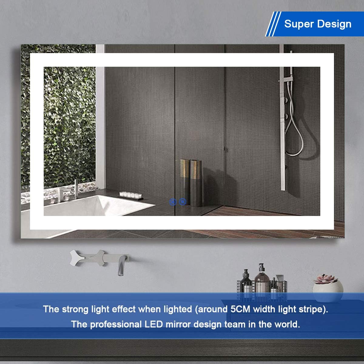 60 x 36 Inch Illuminated LED Bathroom Mirror with Smart Button, Anti Fog, Dimmable, Bluetooth Speakers W399099