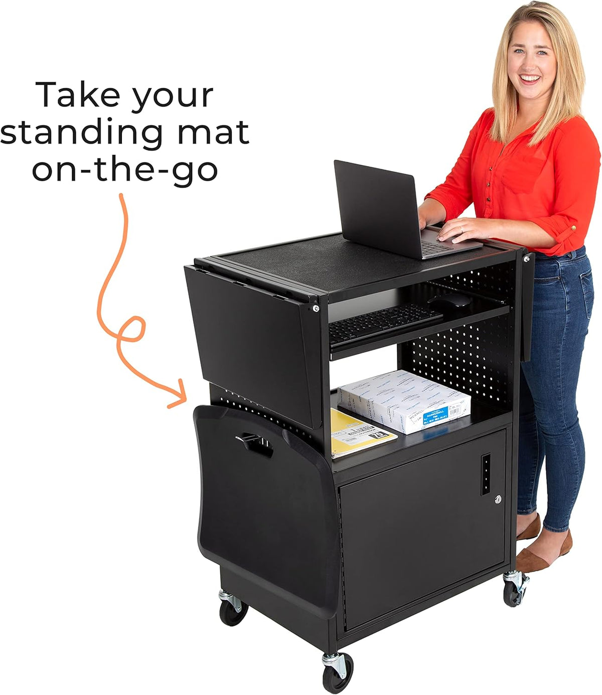 AV Cart with Pegboard Siding, 12 Hooks, Locking Cabinet, Pullout Keyboard Tray, Locking Wheels E650