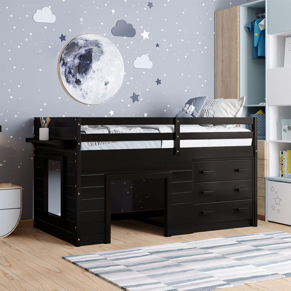 Grey Wood Twin Loft Bed with Storage Drawers A339829