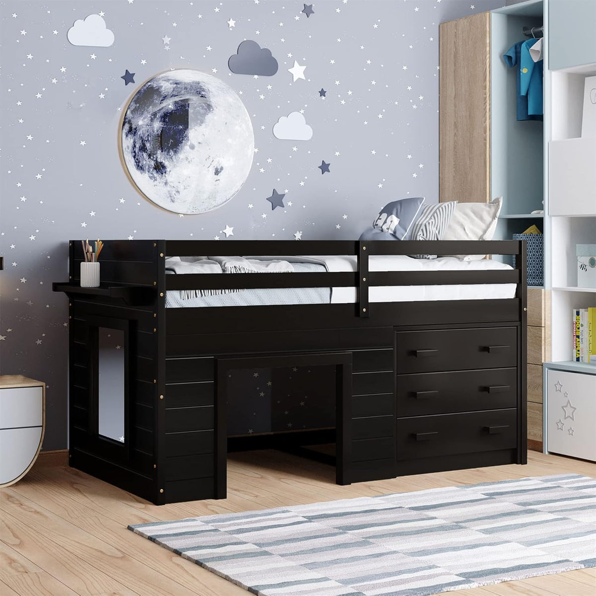 Grey Wood Twin Loft Bed with Storage Drawers A339829