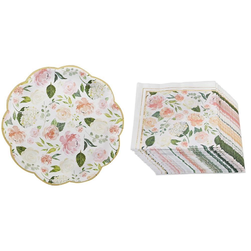 Pink Floral Paper Plates (Set of 16) and Paper Cocktail Napkins (Set of 30) S216380