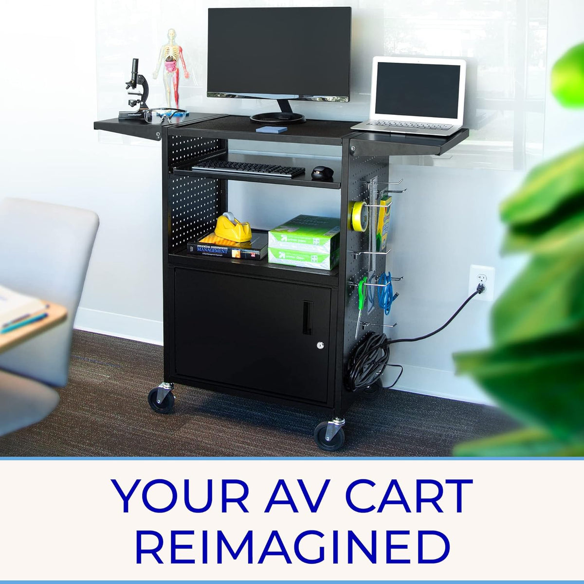 AV Cart with Pegboard Siding, 12 Hooks, Locking Cabinet, Pullout Keyboard Tray, Locking Wheels E650