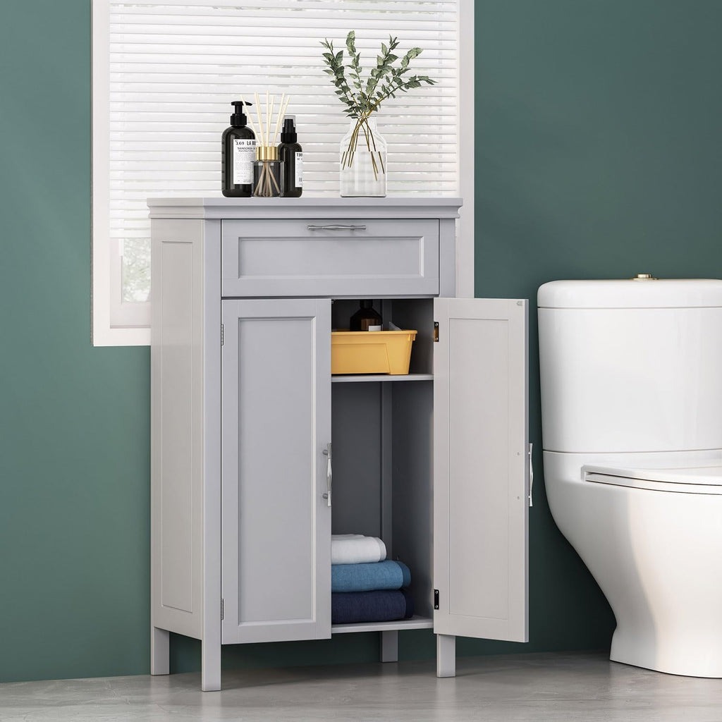 Wooden Bathroom Floor Cabinet with Drawer, Adjustable Shelf, 2-Door Cupboard N7752