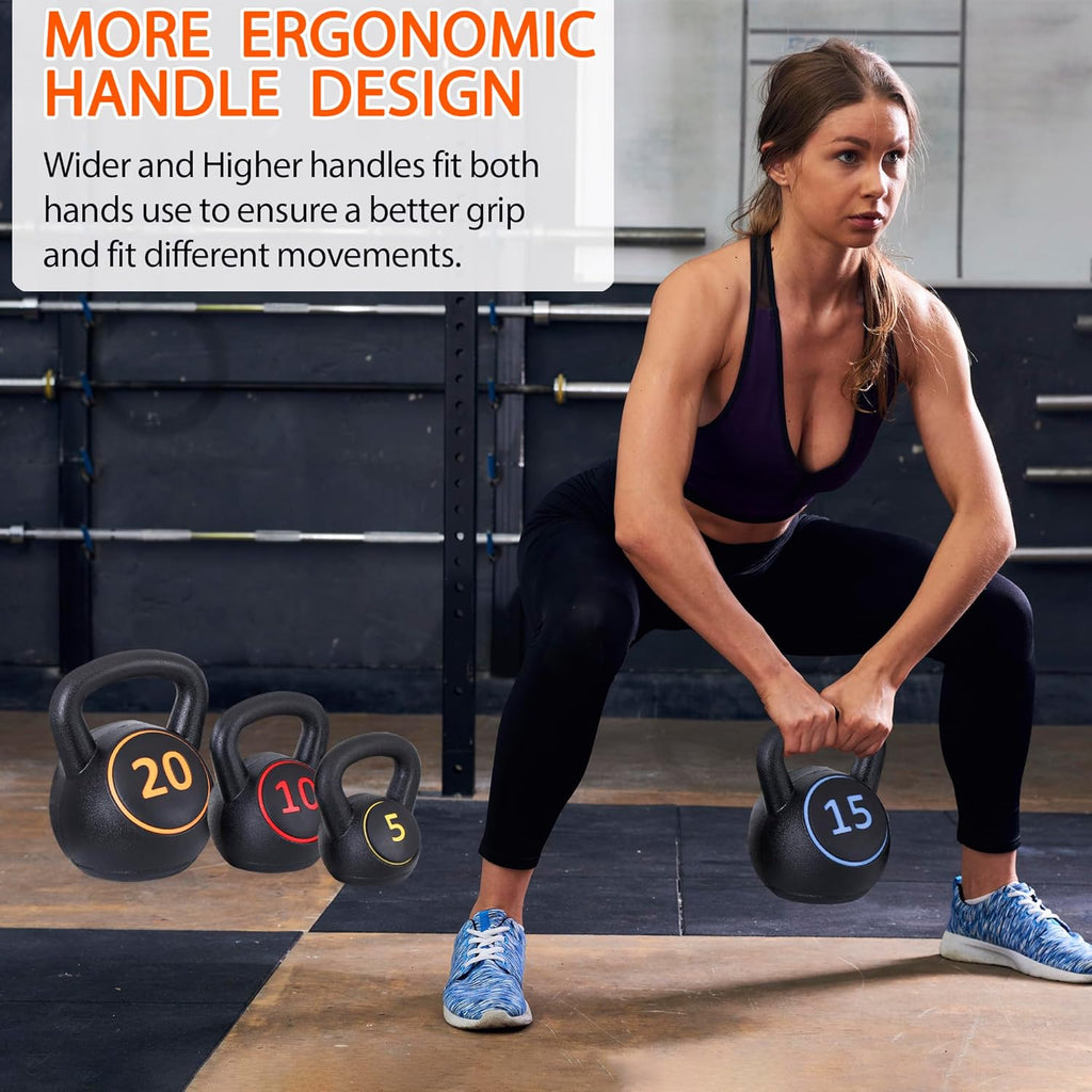 4 Piece HDPE Coated Concrete Kettlebell Set 5lb 10lb 15lb 20lb K1423