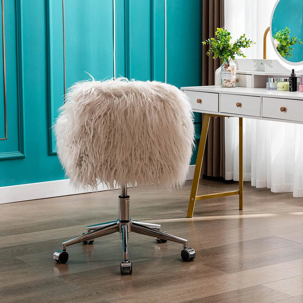 White Faux Fur Swivel Desk Chair with Back B525183