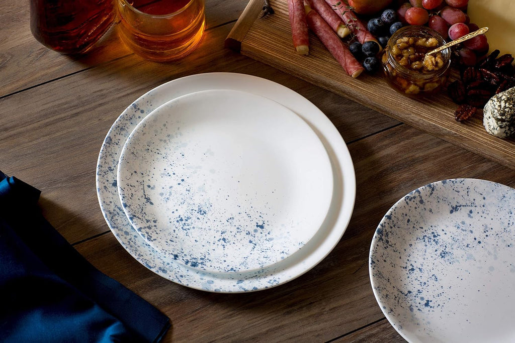 18-Piece Dinnerware Set, Indigo Speckle, 4-Pc Versa Bowls, 30-Oz Compact Stack Bowl Set, White I427042